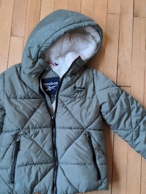 Reebok Olive Quilted Hooded Puffer with Sherpa Lining